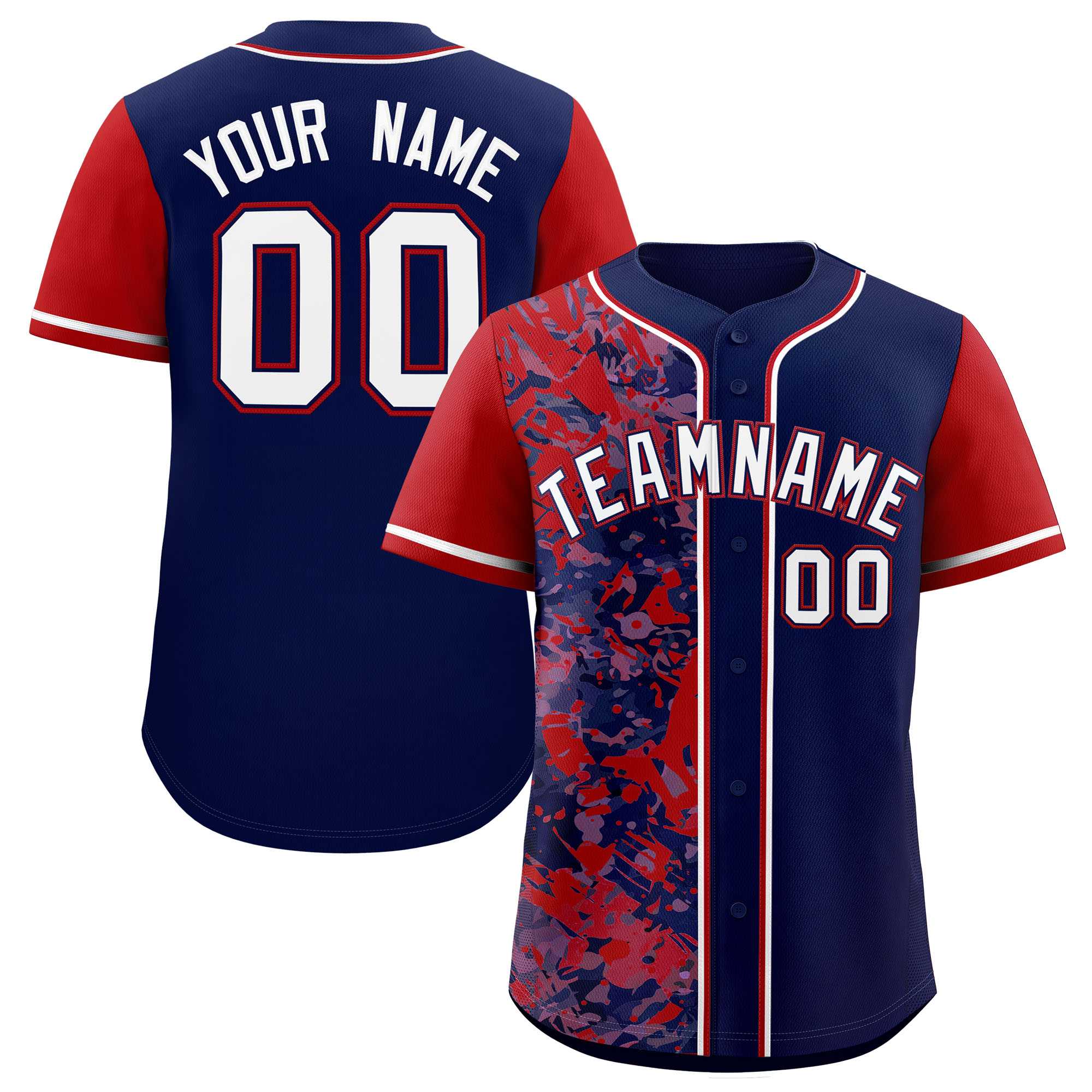 Custom Navy Red Split Personalized Graffiti Raglan Sleeve Authentic Baseball Jersey