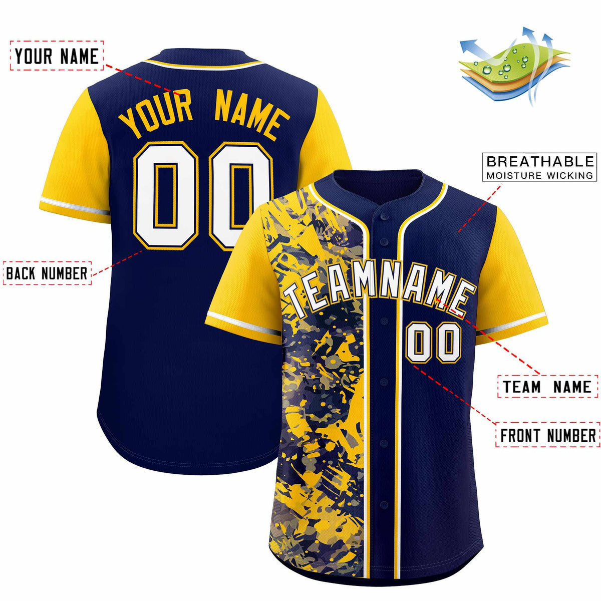 Custom Navy Yellow Split Personalized Graffiti Raglan Sleeve Authentic Baseball Jersey