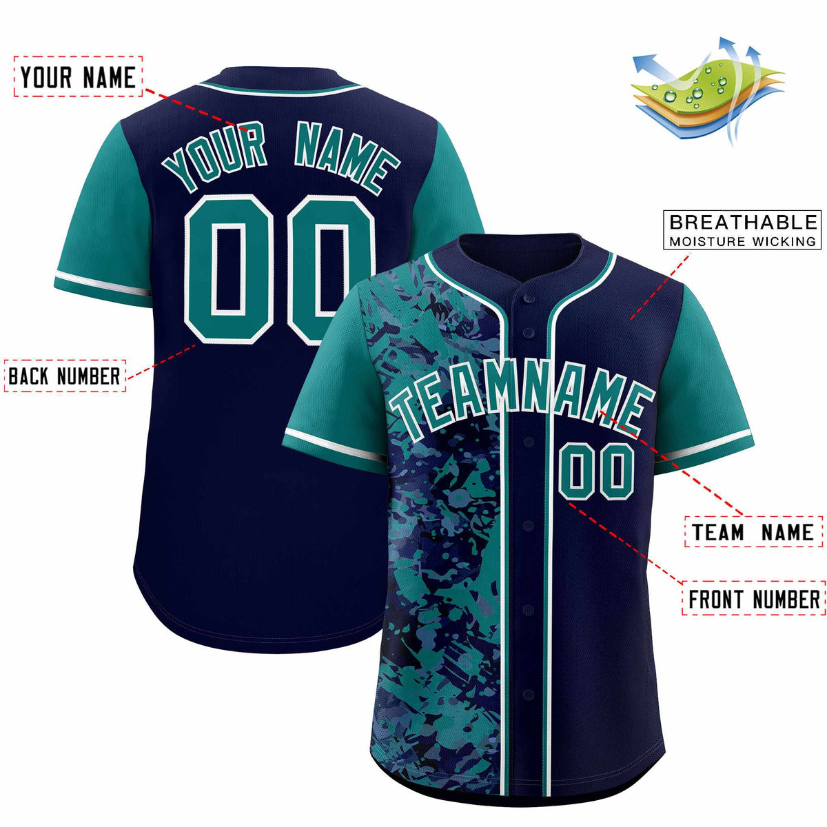 Custom Navy Aqua Split Personalized Graffiti Raglan Sleeve Authentic Baseball Jersey
