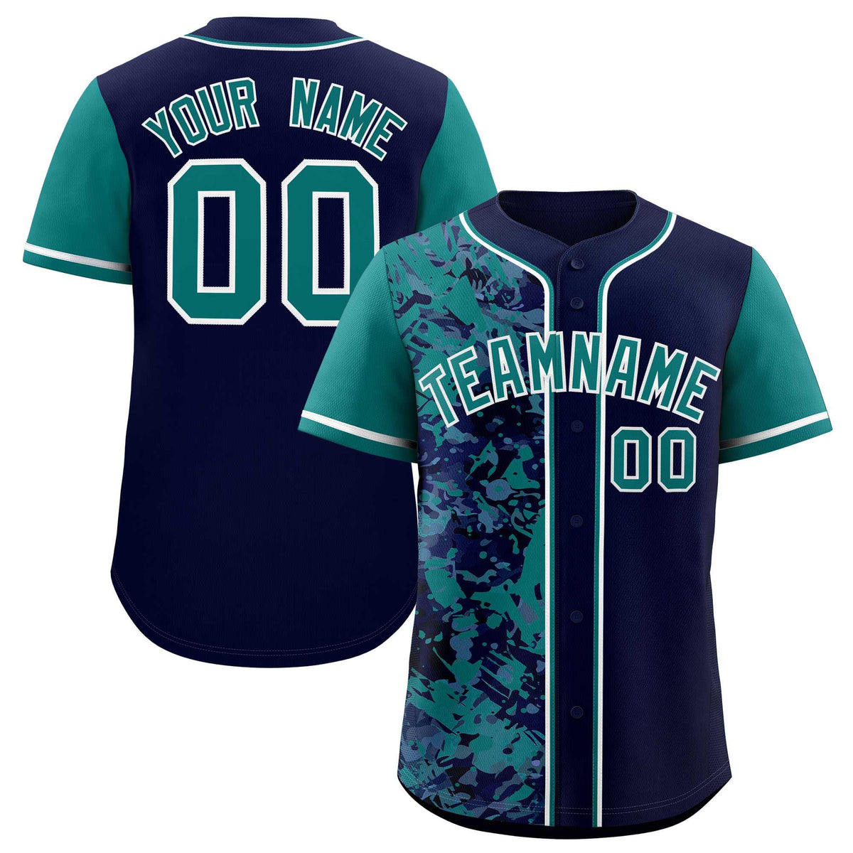 Custom Navy Aqua Split Personalized Graffiti Raglan Sleeve Authentic Baseball Jersey