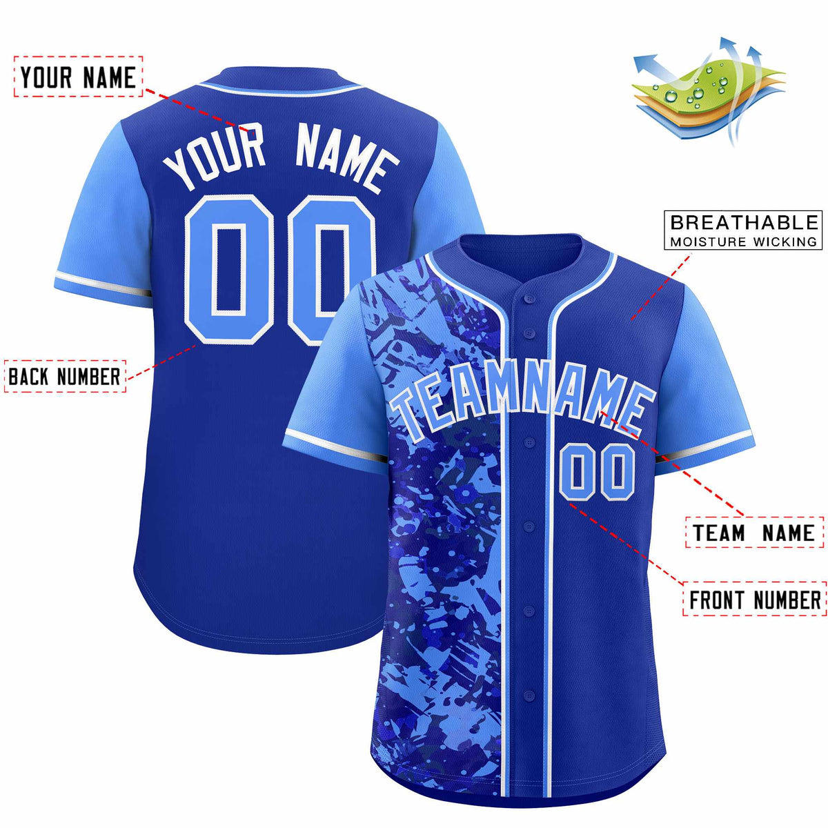 Custom Royal Blue Split Personalized Graffiti Raglan Sleeve Authentic Baseball Jersey