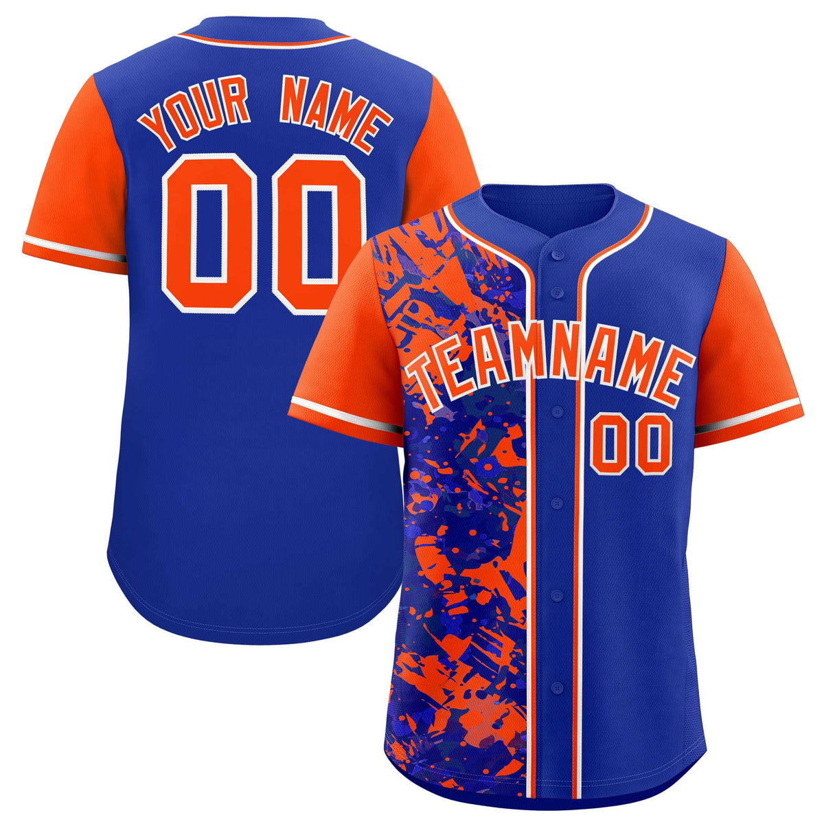 Custom Royal Orange Split Personalized Graffiti Raglan Sleeve Authentic Baseball Jersey
