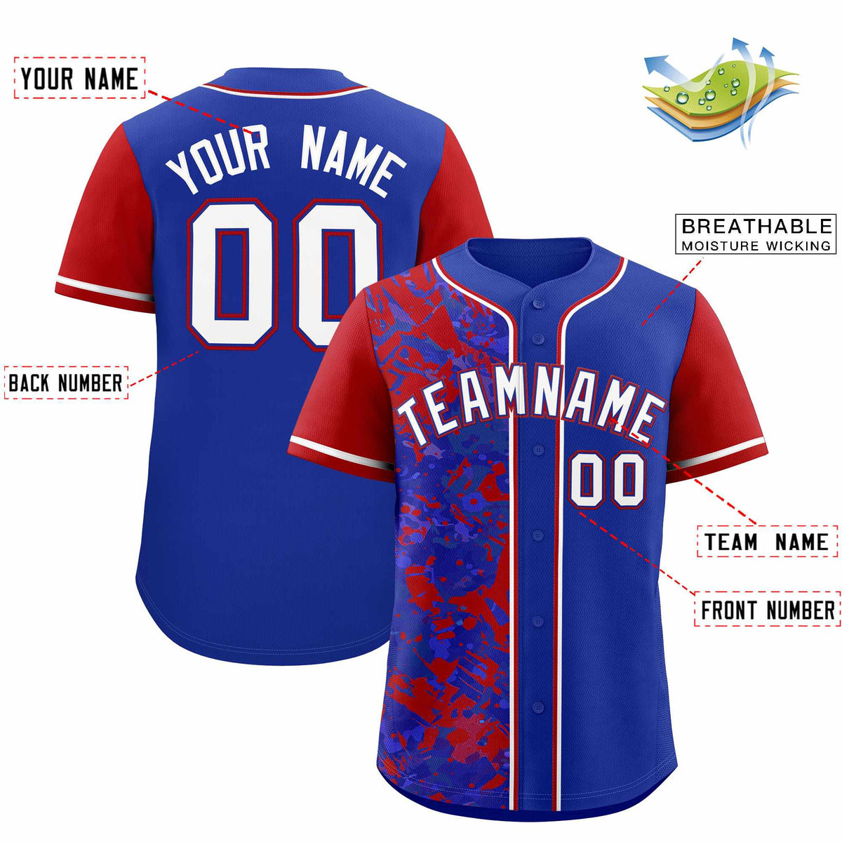 Custom Royal Red Split Personalized Graffiti Raglan Sleeve Authentic Baseball Jersey