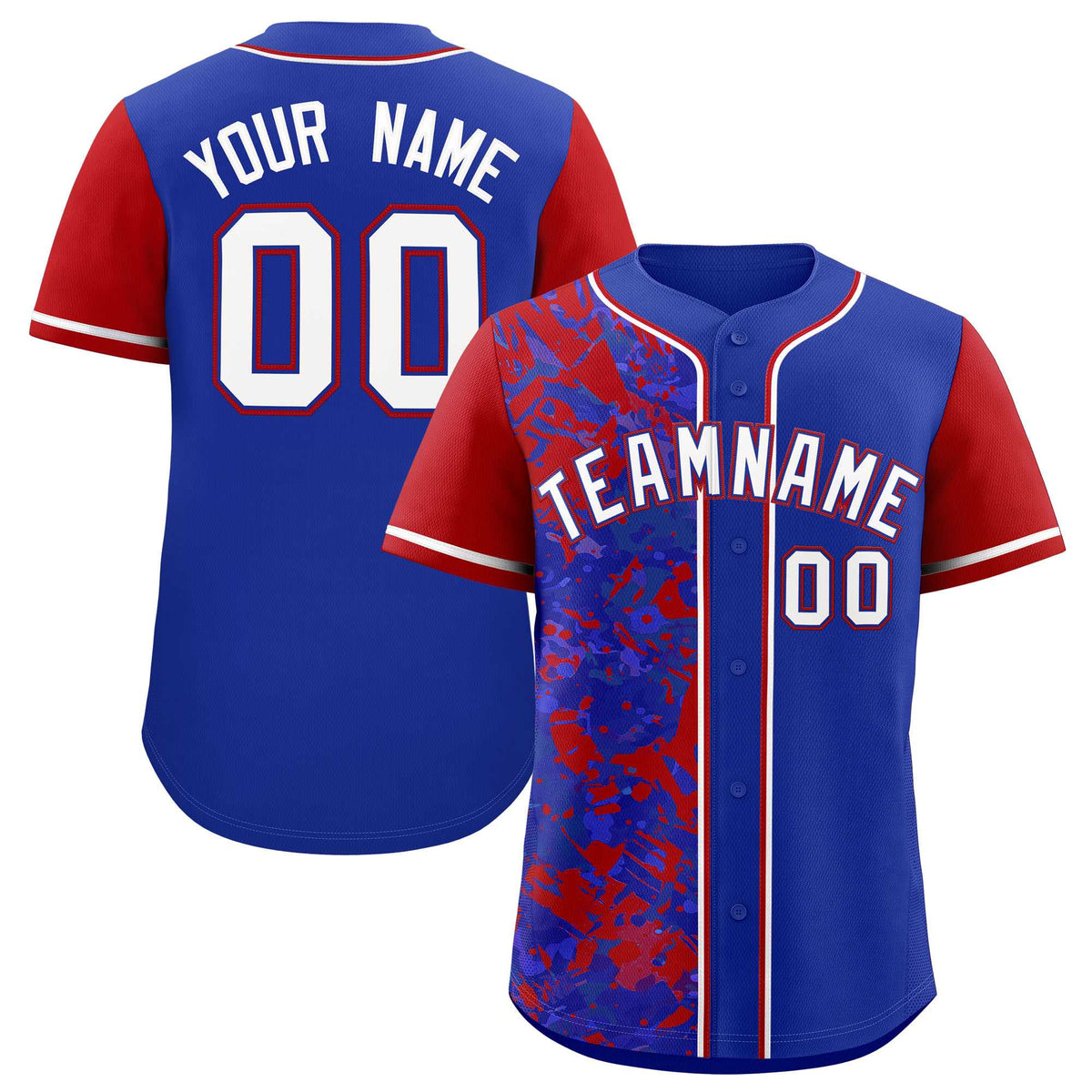 Custom Royal Red Split Personalized Graffiti Raglan Sleeve Authentic Baseball Jersey