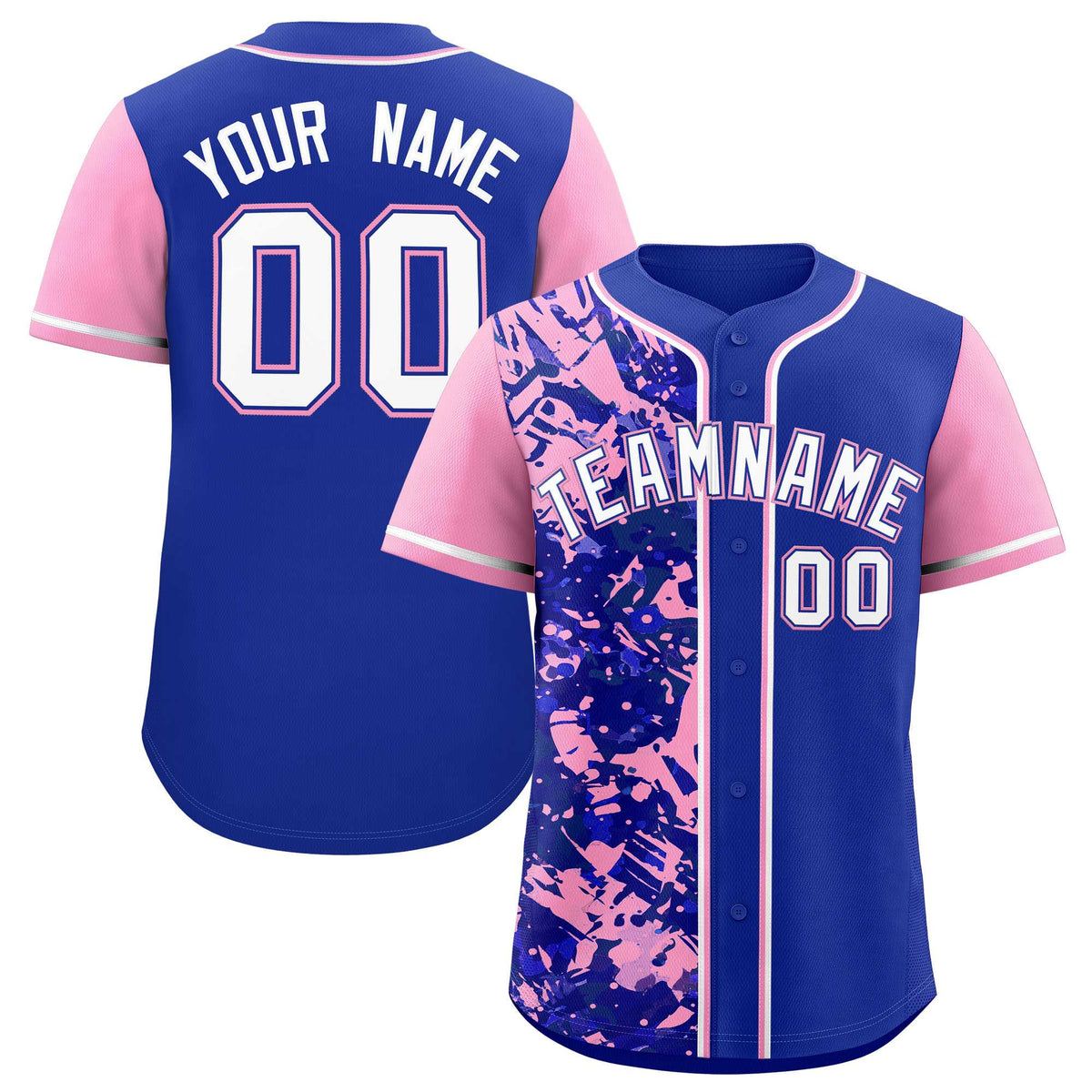 Custom Royal Light Pink Split Personalized Graffiti Raglan Sleeve Authentic Baseball Jersey