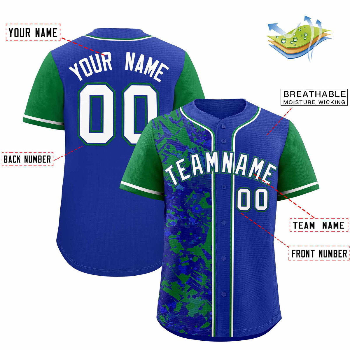 Custom Royal Green Split Personalized Graffiti Raglan Sleeve Authentic Baseball Jersey
