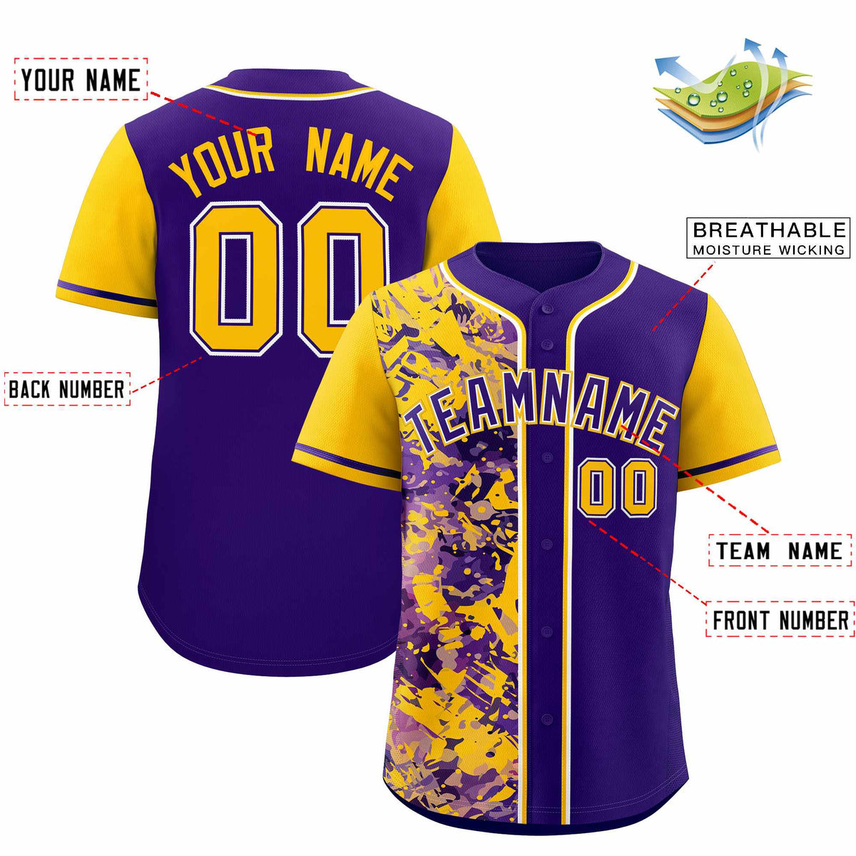 Custom Purple Yellow Split Personalized Graffiti Raglan Sleeve Authentic Baseball Jersey