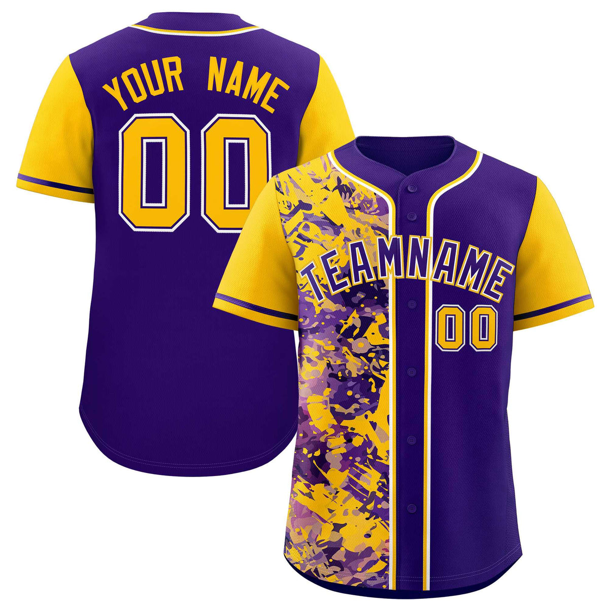 Custom Purple Yellow Split Personalized Graffiti Raglan Sleeve Authentic Baseball Jersey