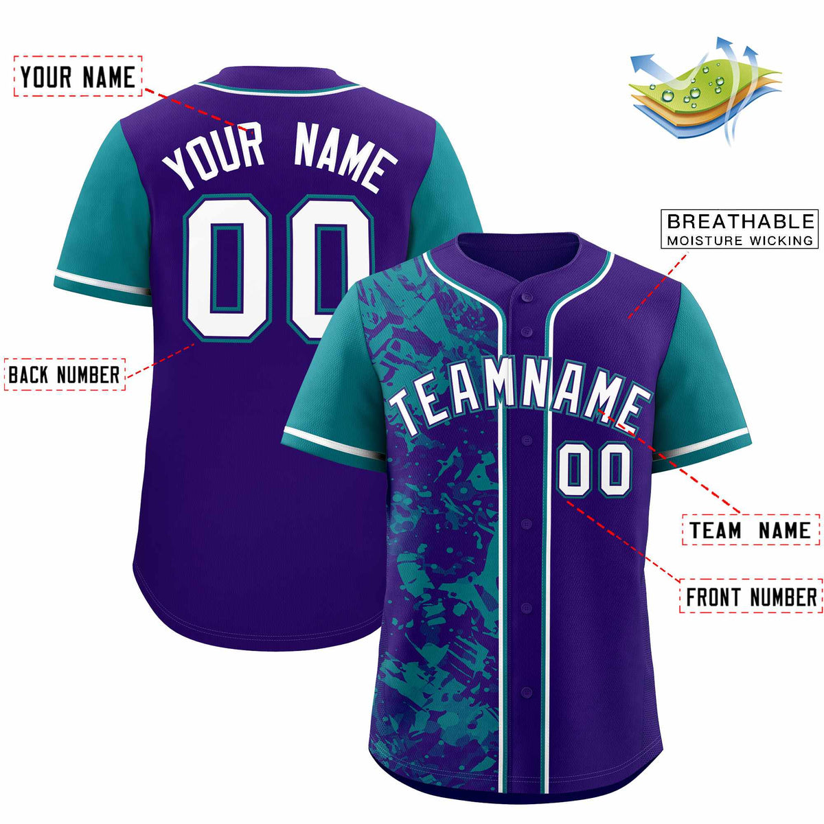 Custom Purple Teal Split Personalized Graffiti Raglan Sleeve Authentic Baseball Jersey