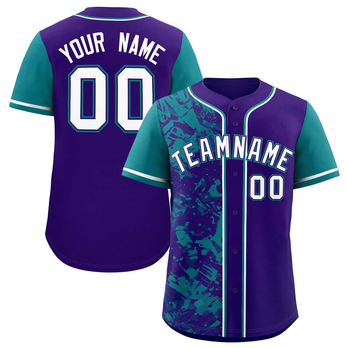 Custom Purple Teal Split Personalized Graffiti Raglan Sleeve Authentic Baseball Jersey