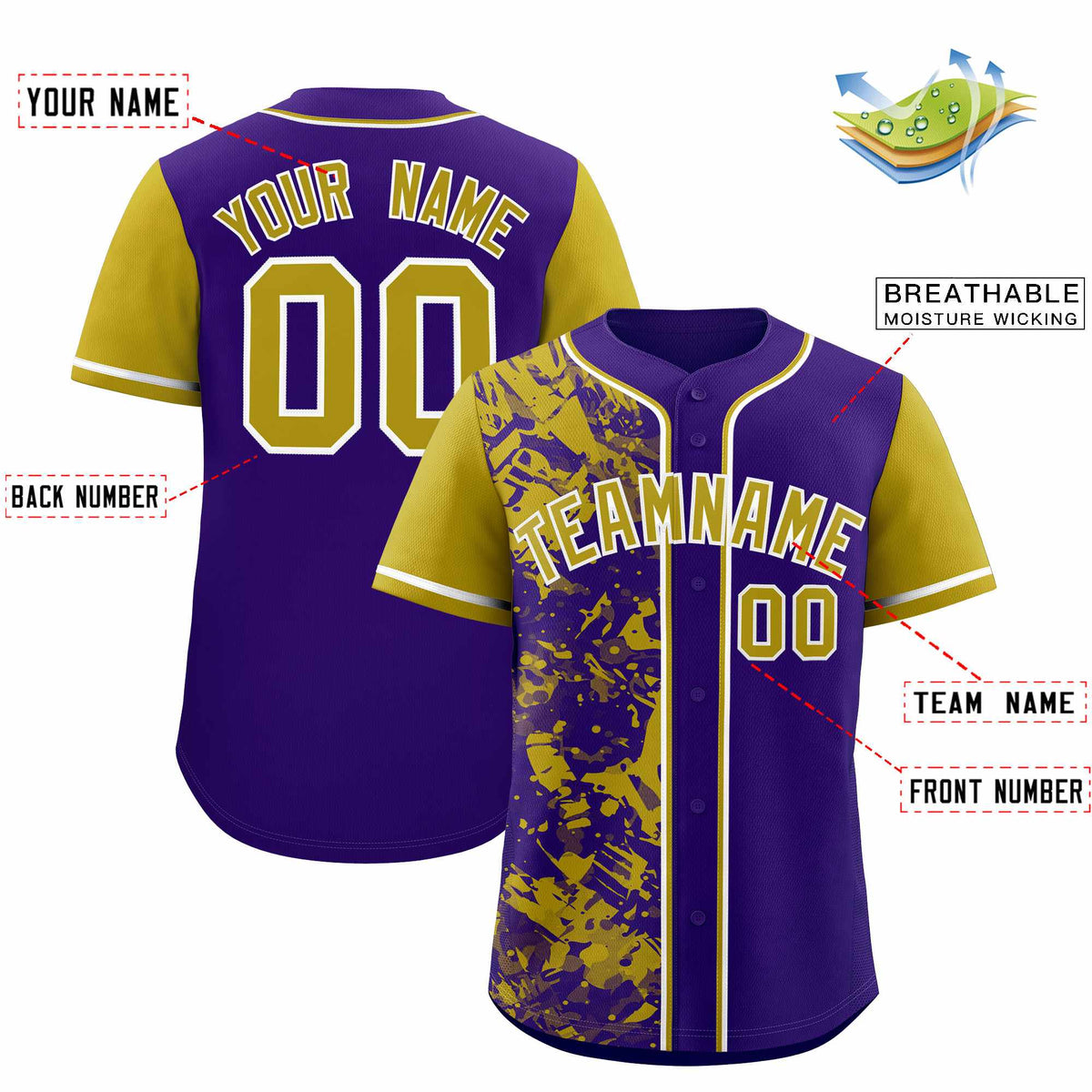 Custom Purple Old Gold Split Personalized Graffiti Raglan Sleeve Authentic Baseball Jersey