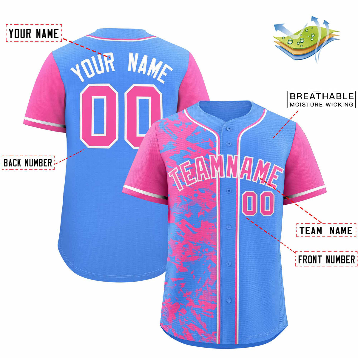 Custom Blue Pink Split Personalized Graffiti Raglan Sleeve Authentic Baseball Jersey