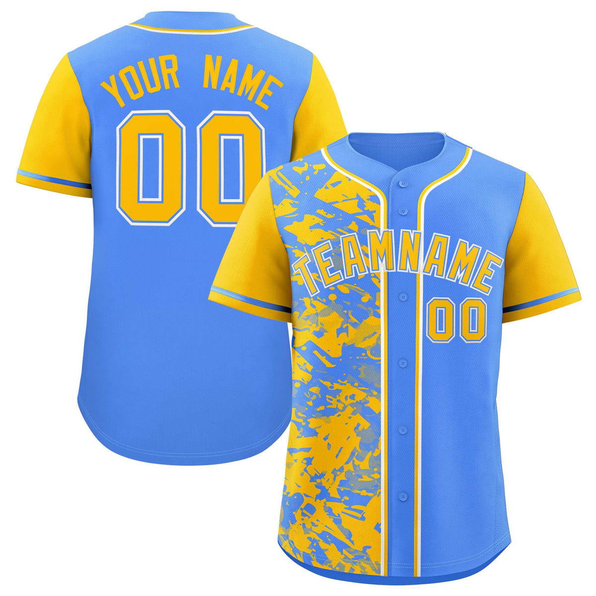 Custom Blue Yellow Split Personalized Graffiti Raglan Sleeve Authentic Baseball Jersey