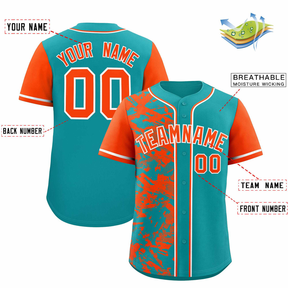 Custom Aqua Orange Split Personalized Graffiti Raglan Sleeve Authentic Baseball Jersey