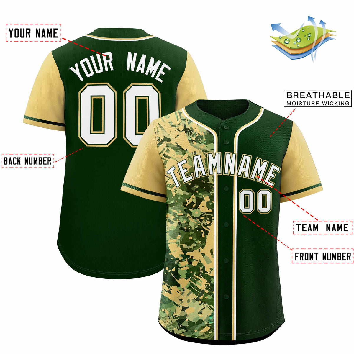 Custom Green Khaki Split Personalized Graffiti Raglan Sleeve Authentic Baseball Jersey