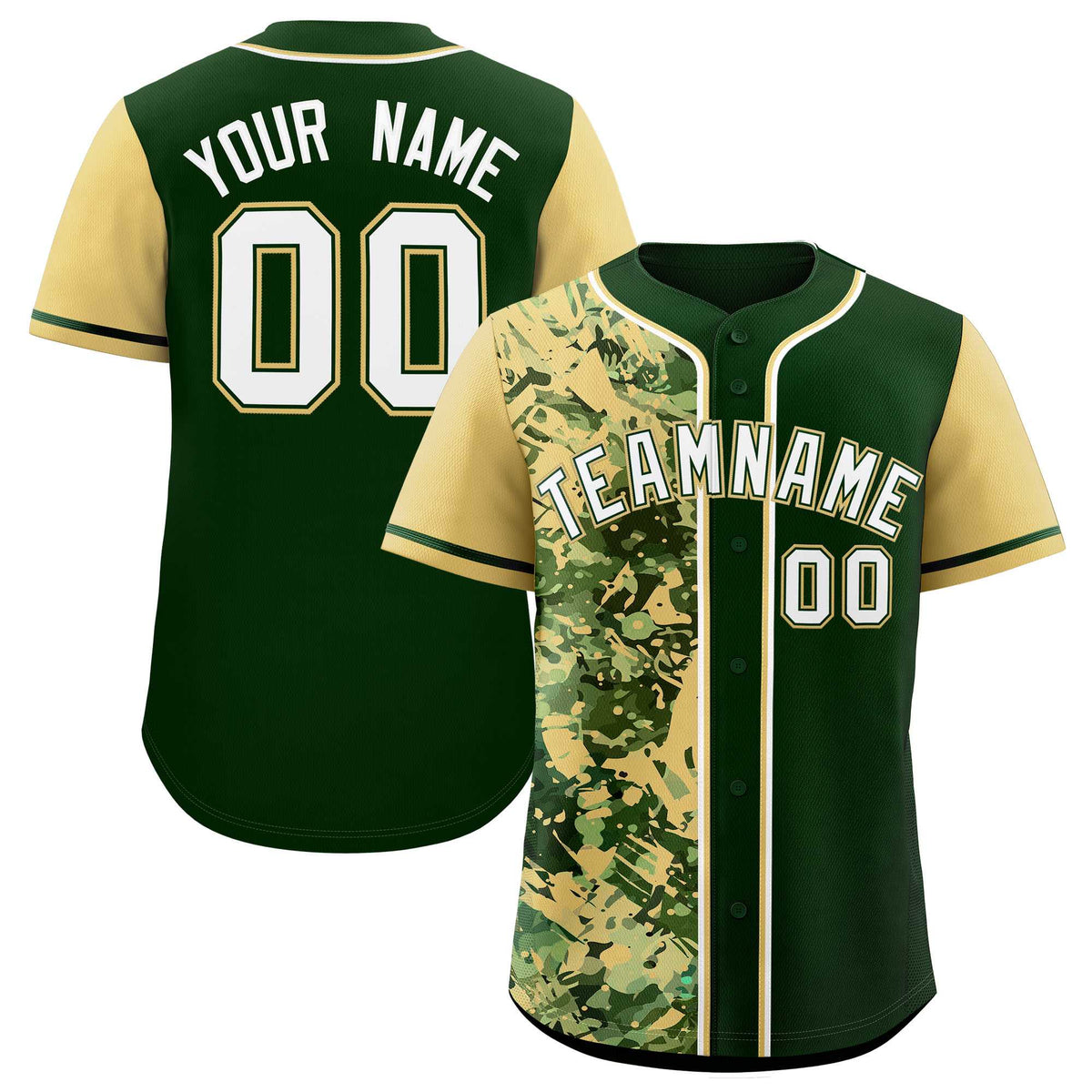 Custom Green Khaki Split Personalized Graffiti Raglan Sleeve Authentic Baseball Jersey