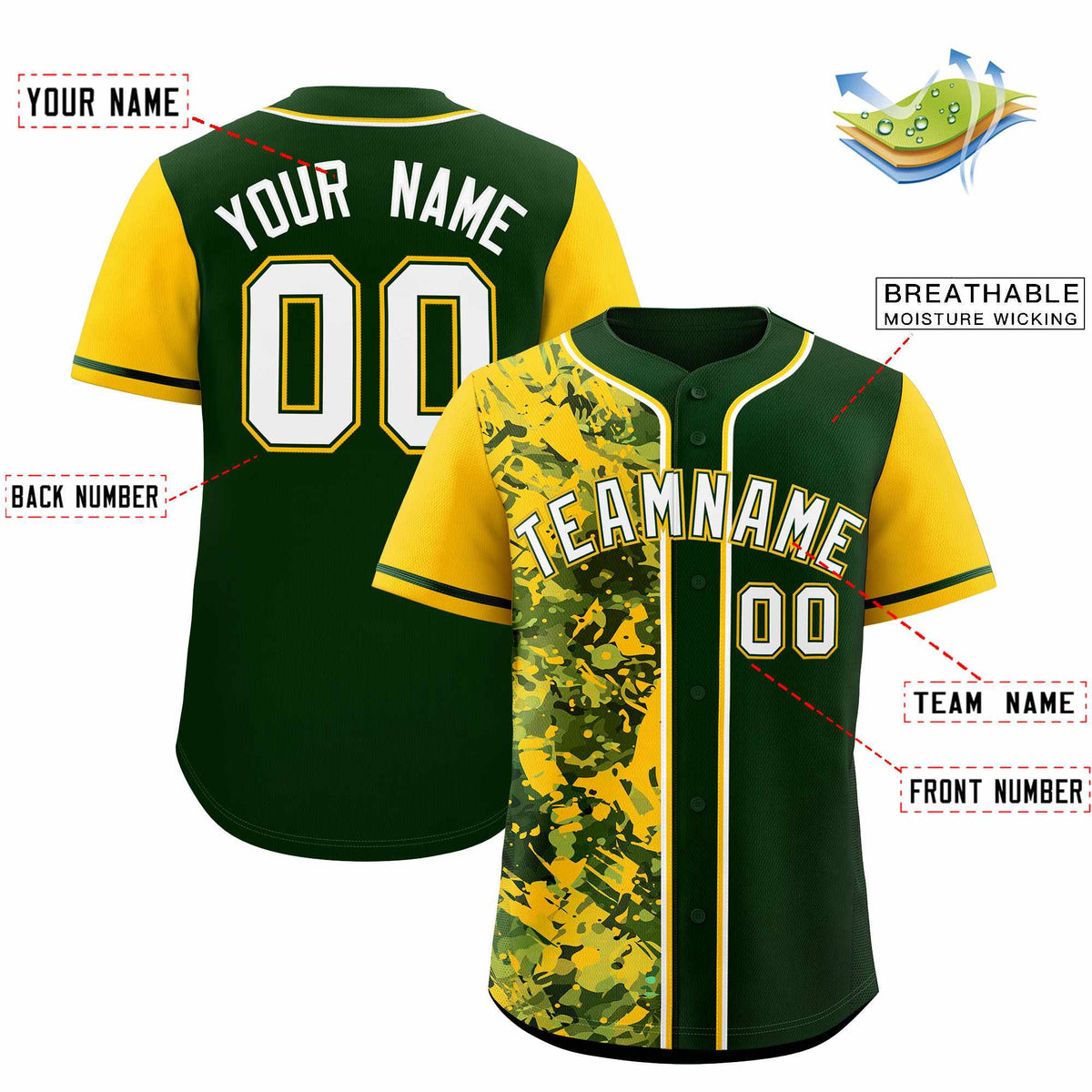 Custom Green Yellow Split Personalized Graffiti Raglan Sleeve Authentic Baseball Jersey
