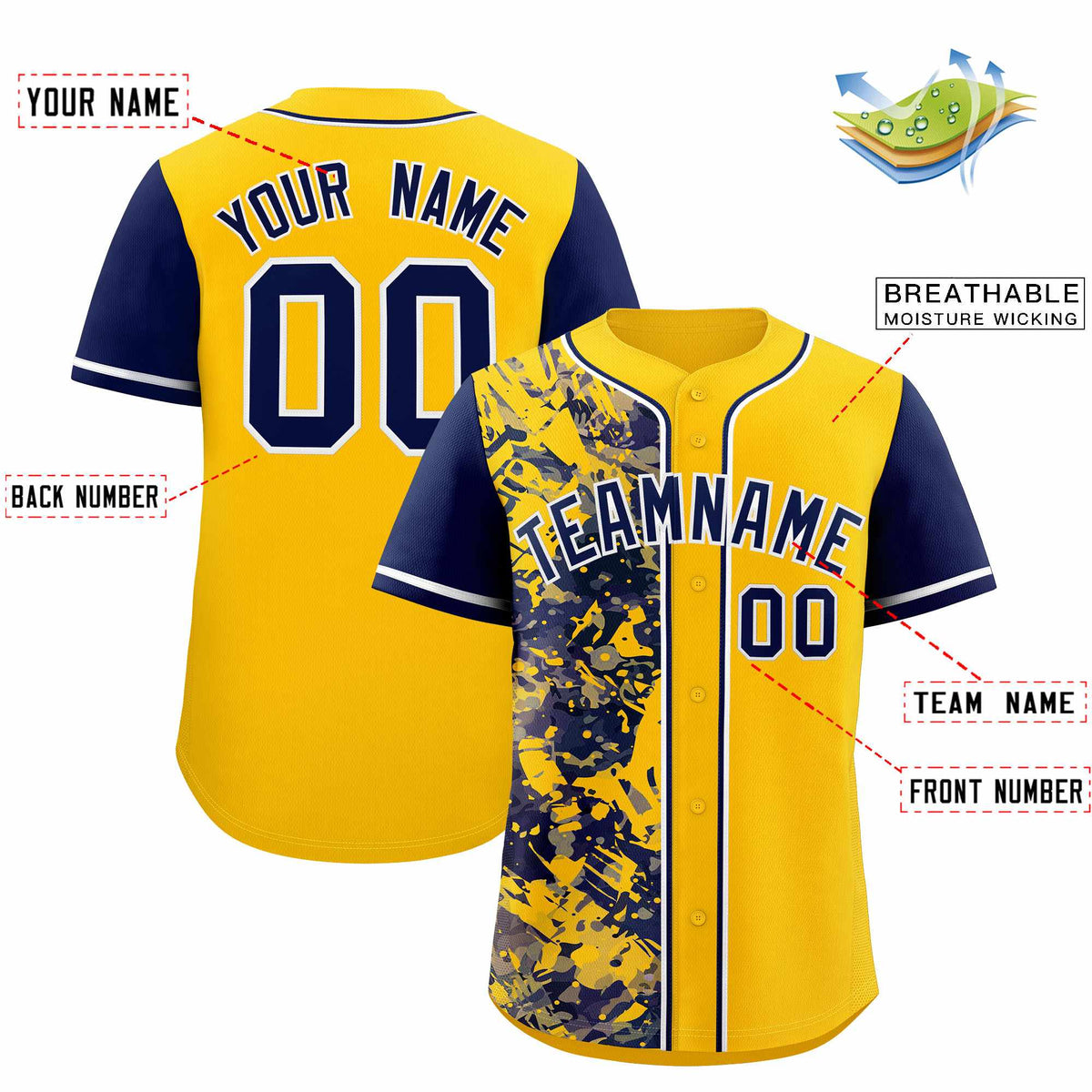 Custom Yellow Navy Split Personalized Graffiti Raglan Sleeve Authentic Baseball Jersey