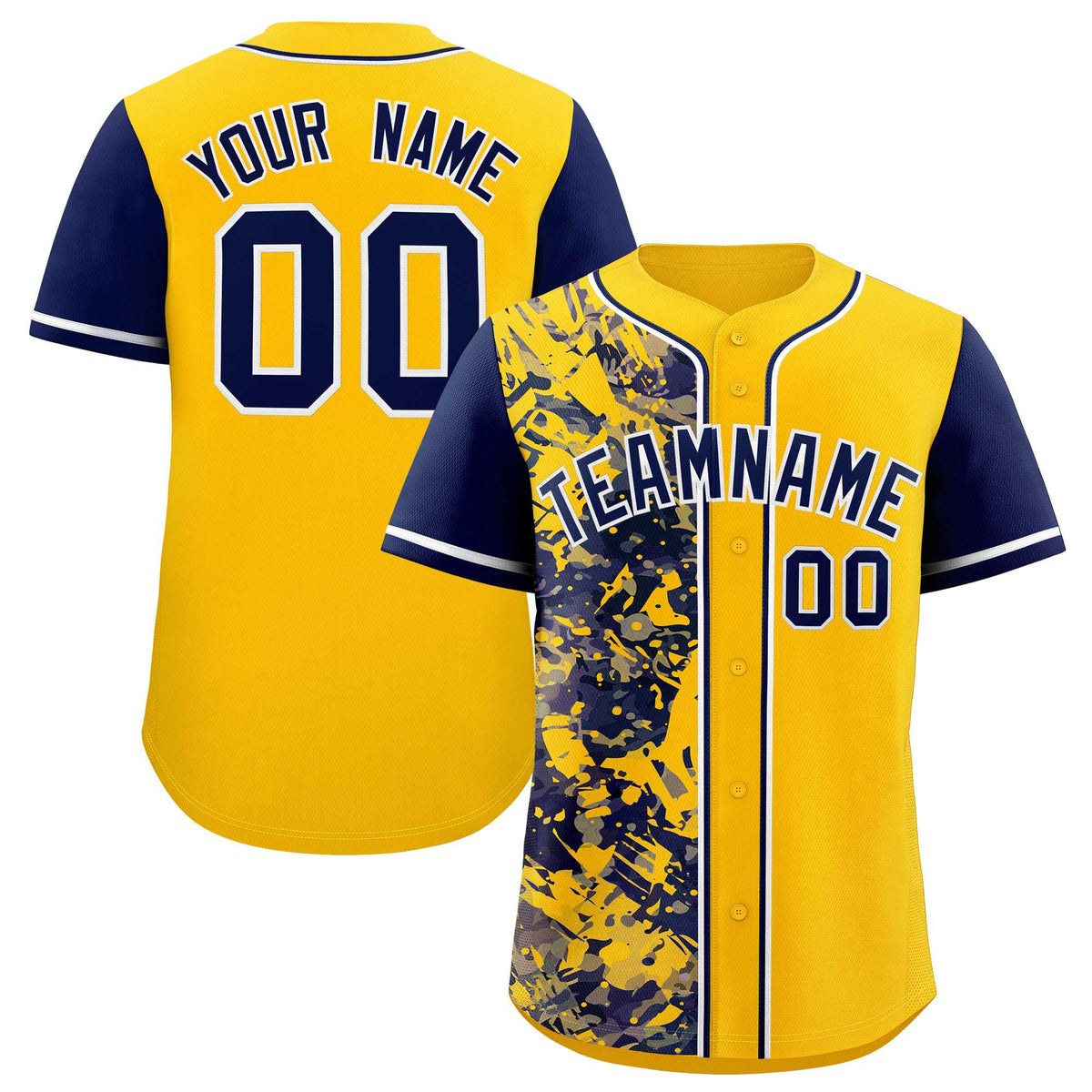 Custom Yellow Navy Split Personalized Graffiti Raglan Sleeve Authentic Baseball Jersey