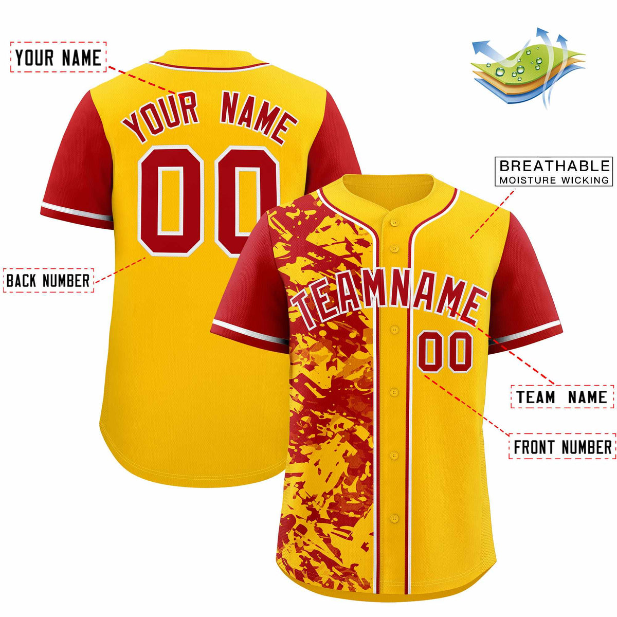 Custom Yellow Red Split Personalized Graffiti Raglan Sleeve Authentic Baseball Jersey