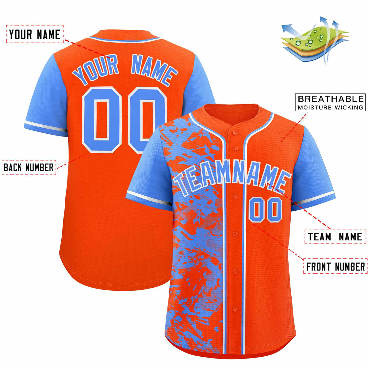 Custom Orange Powder Blue Split Personalized Graffiti Raglan Sleeve Authentic Baseball Jersey
