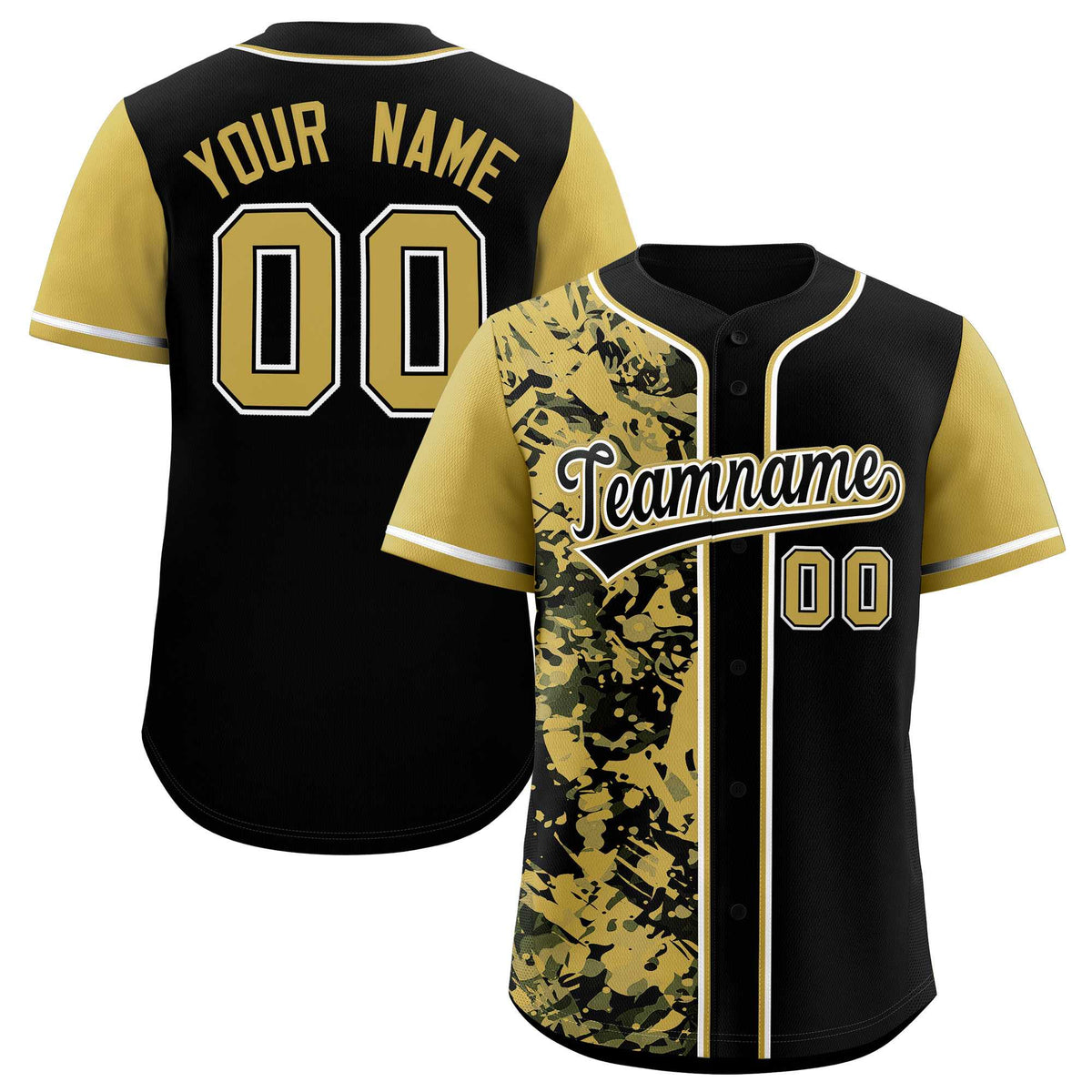 Custom Black Old Gold Split Personalized Graffiti Raglan Sleeve Authentic Baseball Jersey