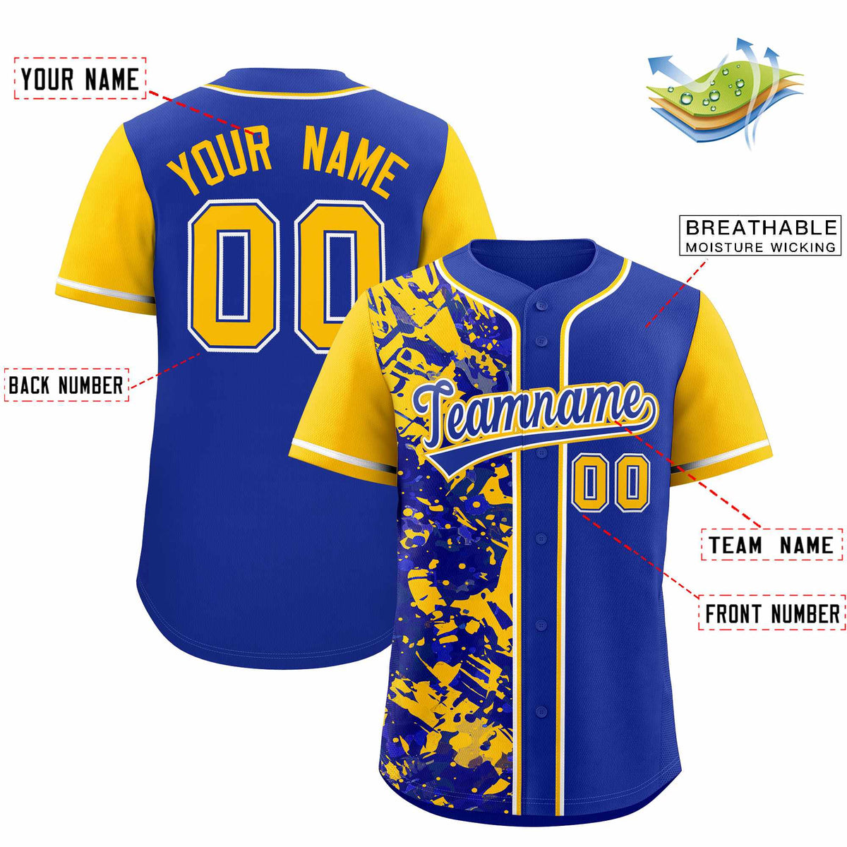 Custom Royal Yellow Split Personalized Graffiti Raglan Sleeve Authentic Baseball Jersey