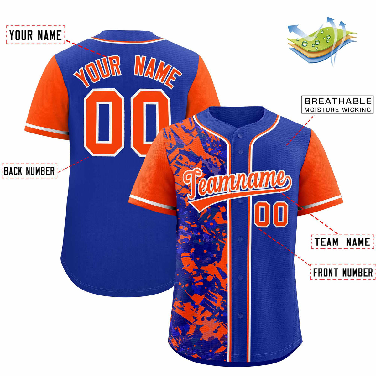 Custom Royal Orange Split Personalized Graffiti Raglan Sleeve Authentic Baseball Jersey