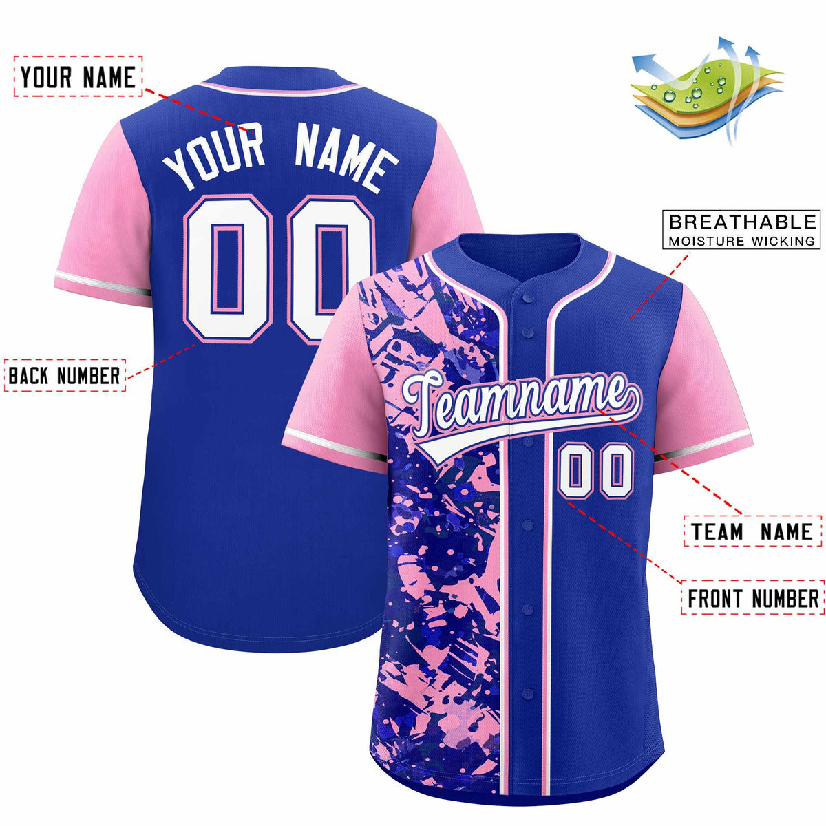 Custom Royal Light Pink Split Personalized Graffiti Raglan Sleeve Authentic Baseball Jersey