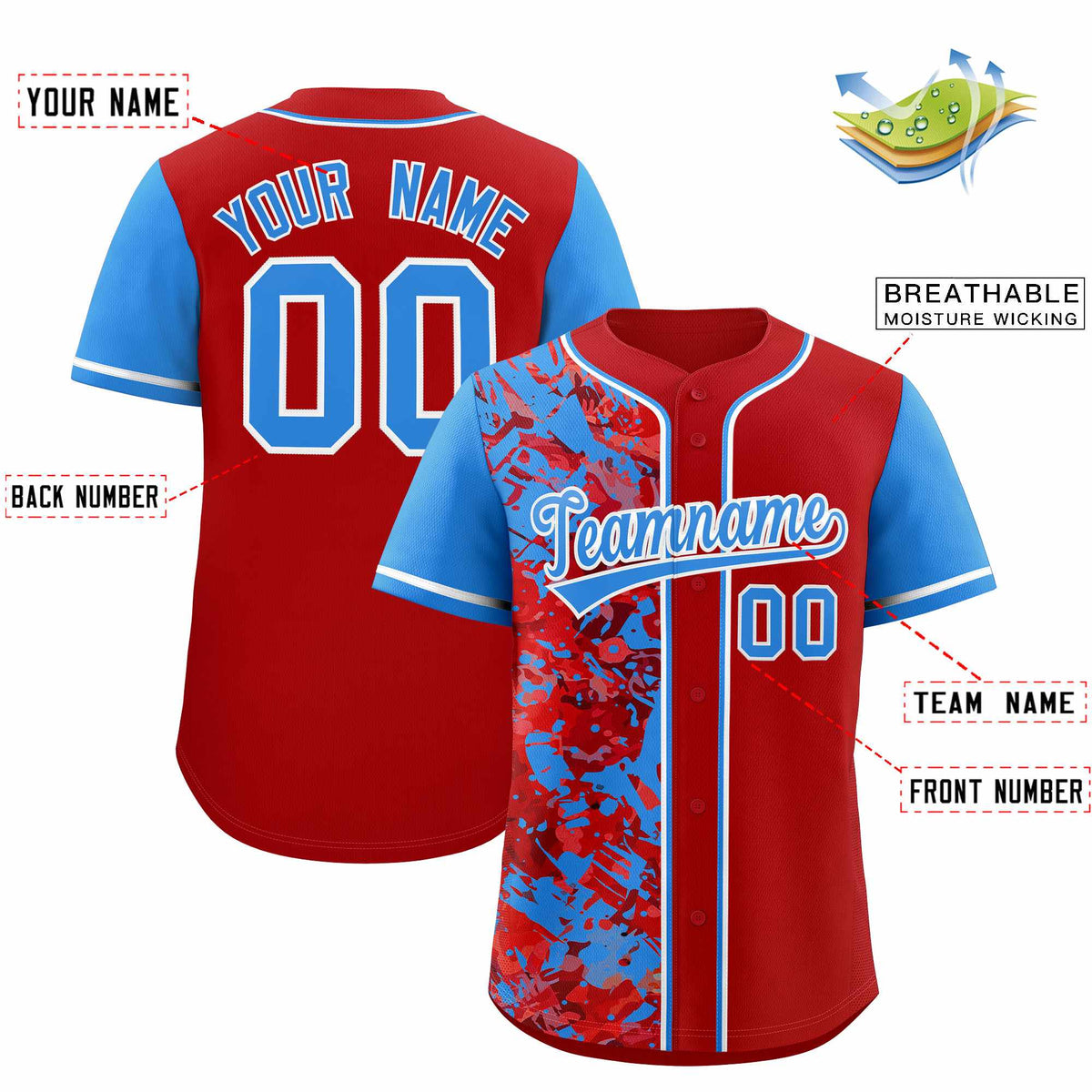 Custom Red Blue Split Personalized Graffiti Raglan Sleeve Authentic Baseball Jersey