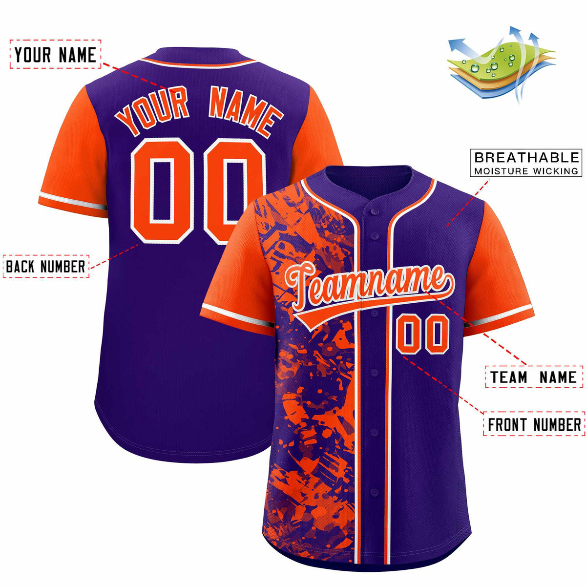Custom Purple Orange Split Personalized Graffiti Raglan Sleeve Authentic Baseball Jersey
