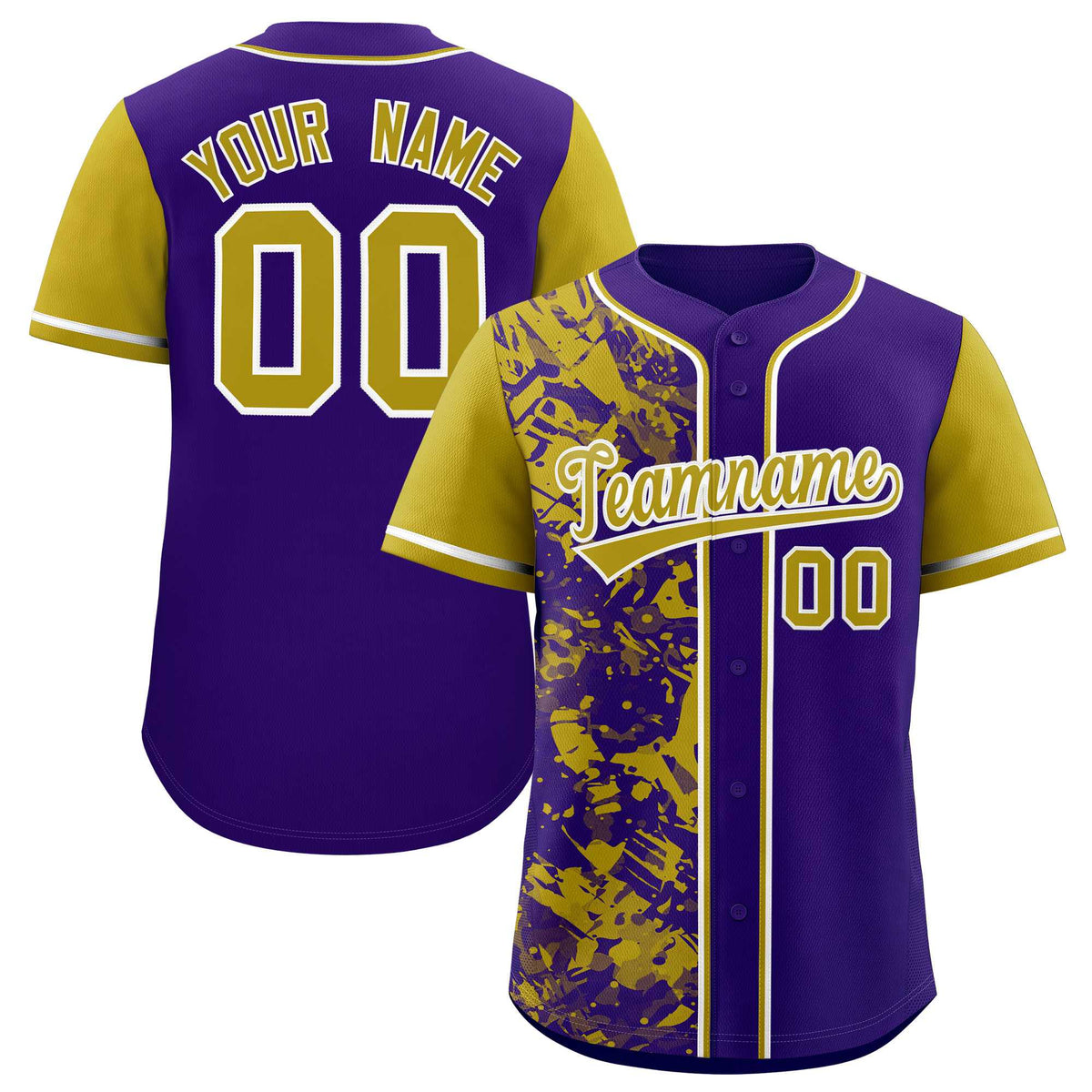 Custom Purple Old Gold Split Personalized Graffiti Raglan Sleeve Authentic Baseball Jersey