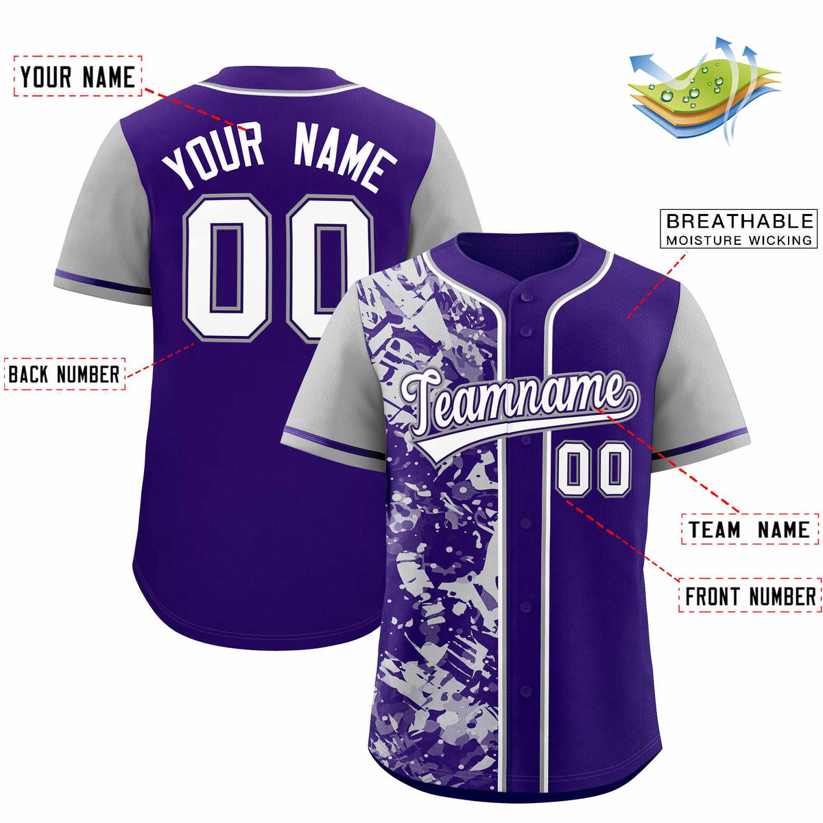 Custom Purple Gray Split Personalized Graffiti Raglan Sleeve Authentic Baseball Jersey