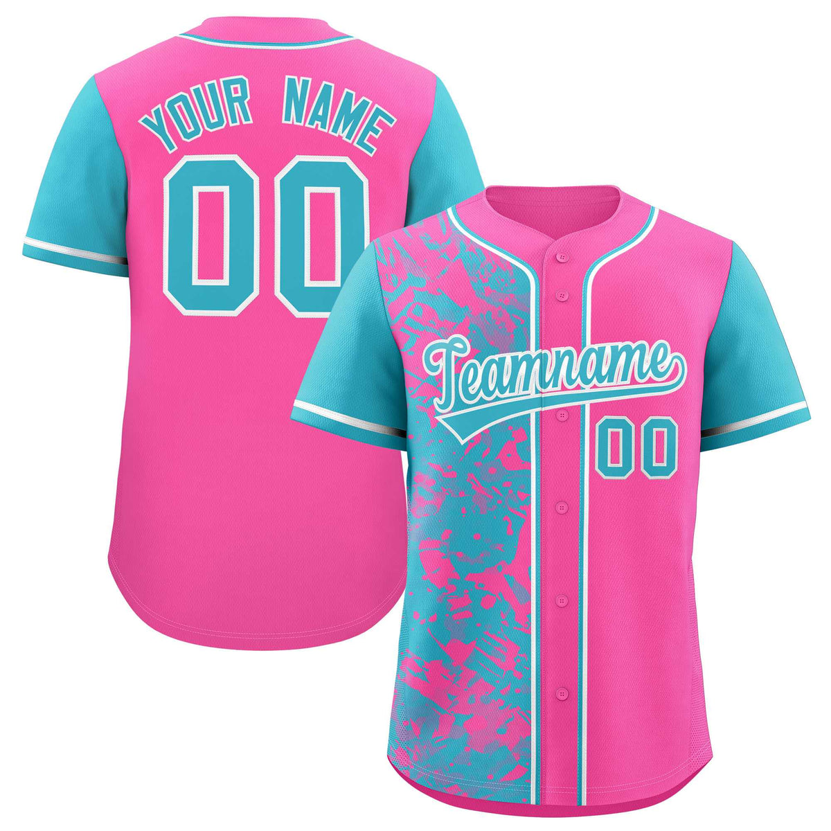 Custom Pink Sky Blue Split Personalized Graffiti Raglan Sleeve Authentic Baseball Jersey