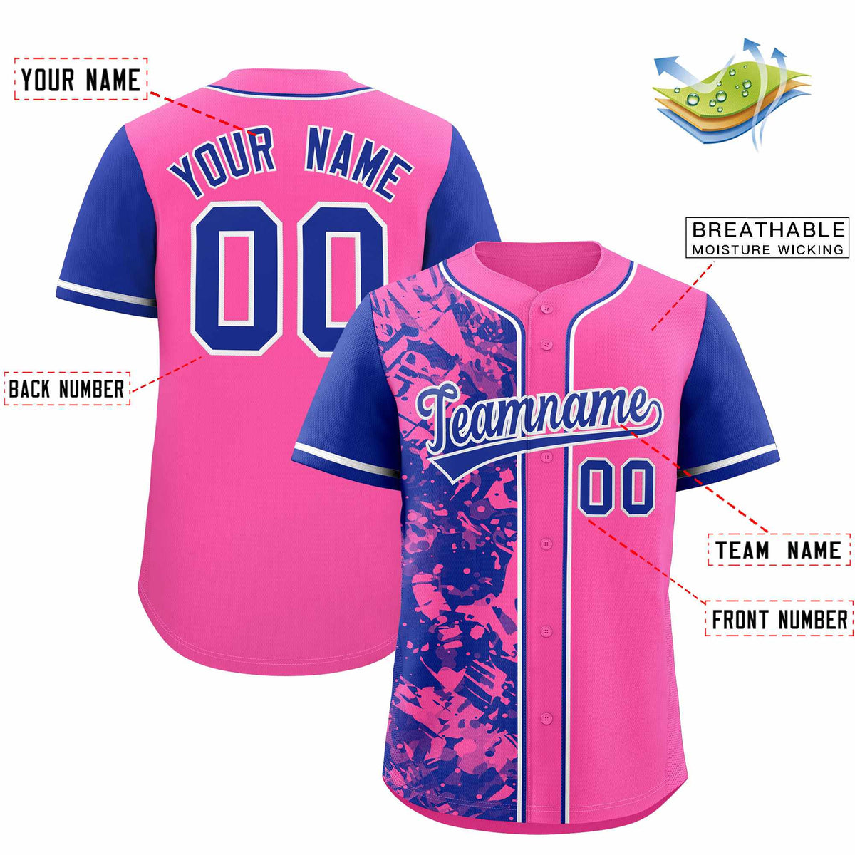 Custom Pink Royal Split Personalized Graffiti Raglan Sleeve Authentic Baseball Jersey