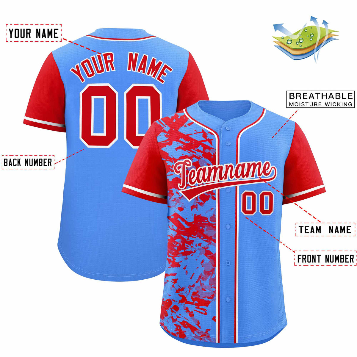 Custom Blue Red Split Personalized Graffiti Raglan Sleeve Authentic Baseball Jersey