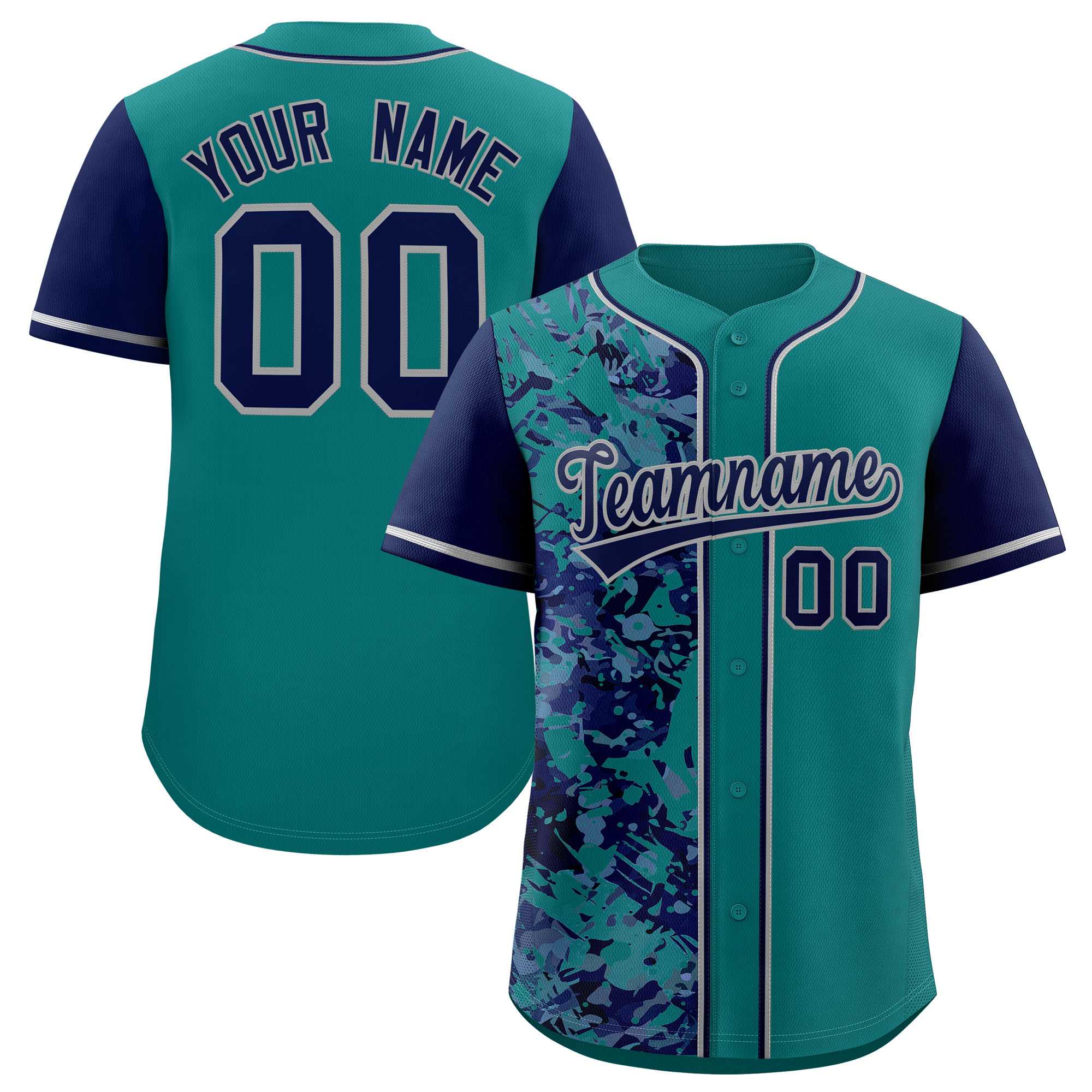 Custom Aqua Navy Split Personalized Graffiti Raglan Sleeve Authentic Baseball Jersey