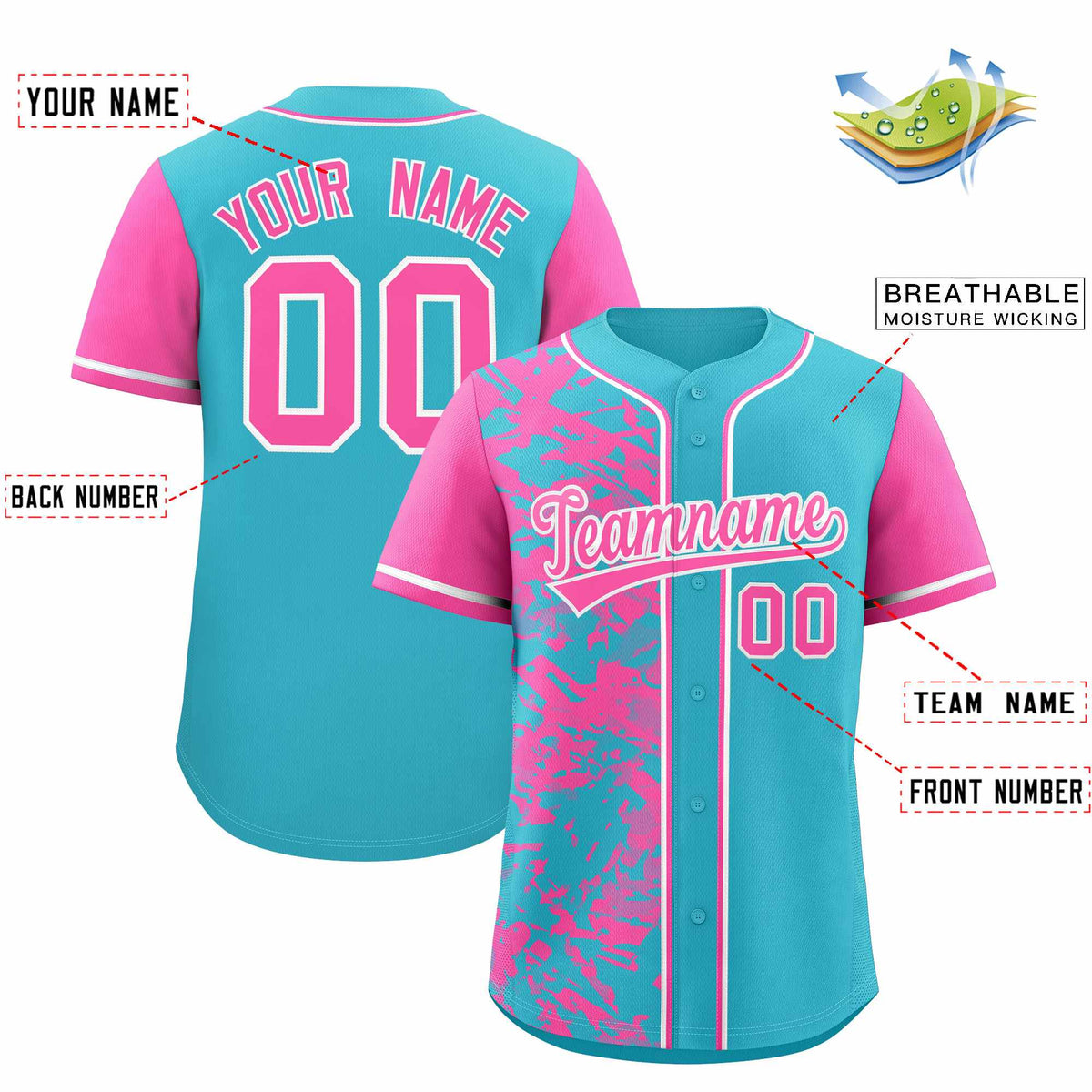 Custom Sky Blue Pink Split Personalized Graffiti Raglan Sleeve Authentic Baseball Jersey