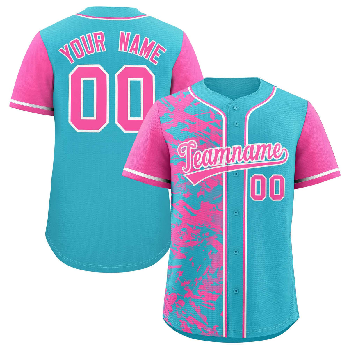 Custom Sky Blue Pink Split Personalized Graffiti Raglan Sleeve Authentic Baseball Jersey