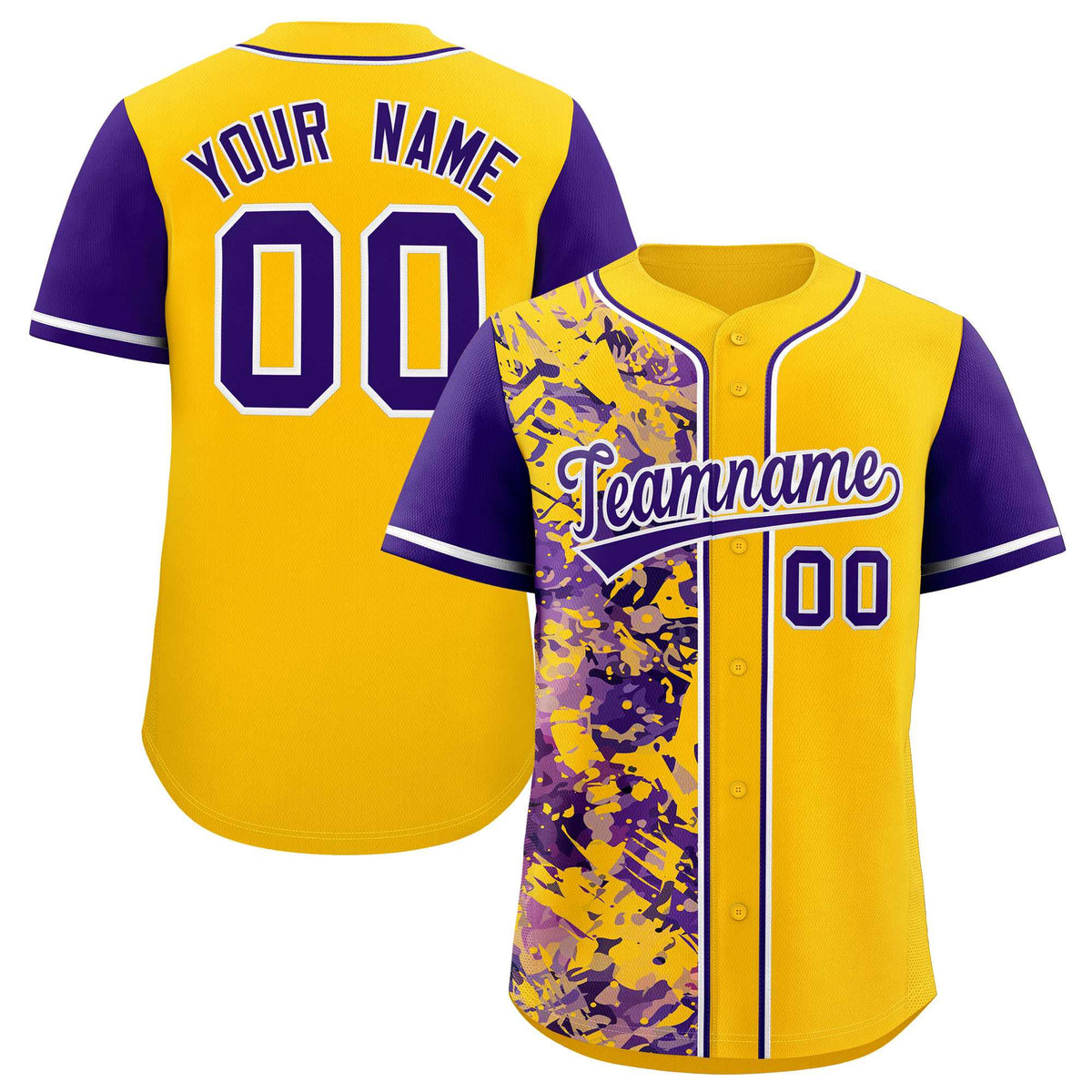 Custom Yellow Purple Split Personalized Graffiti Raglan Sleeve Authentic Baseball Jersey