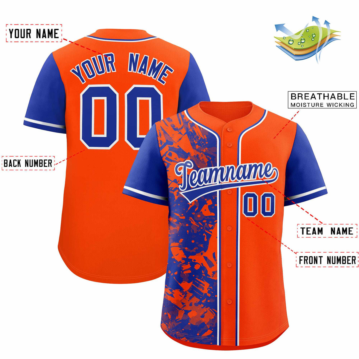 Custom Orange Royal Split Personalized Graffiti Raglan Sleeve Authentic Baseball Jersey
