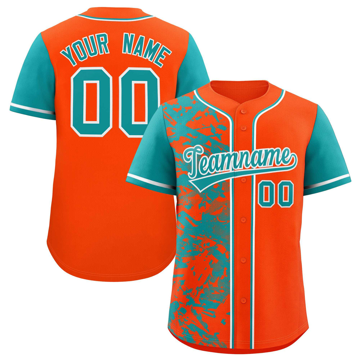 Custom Orange Aqua Split Personalized Graffiti Raglan Sleeve Authentic Baseball Jersey