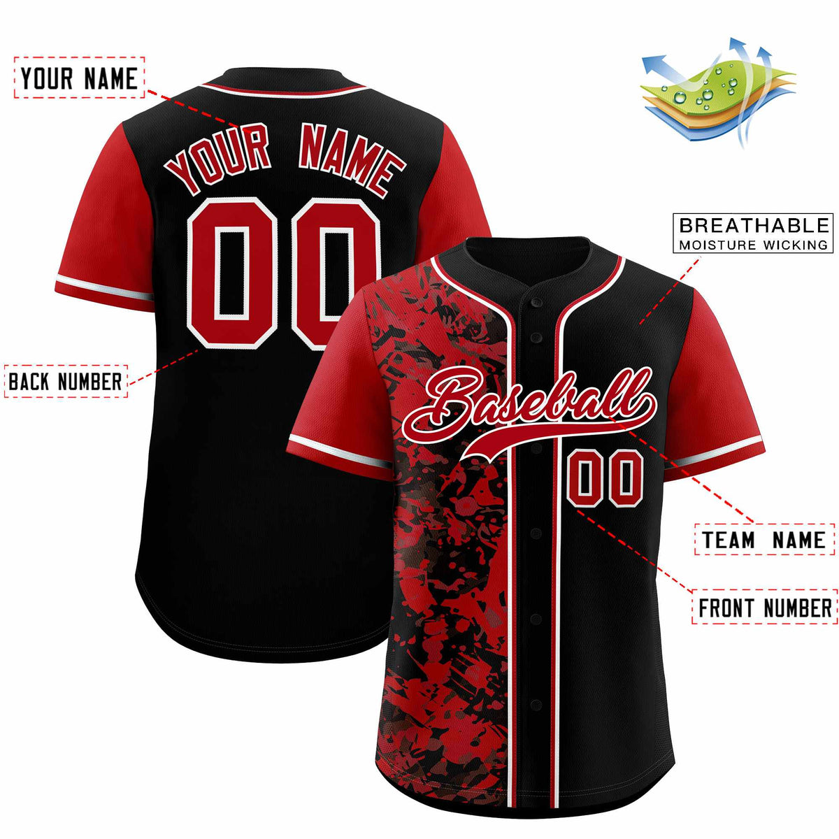 Custom Black Red Split Personalized Graffiti Raglan Sleeve Authentic Baseball Jersey