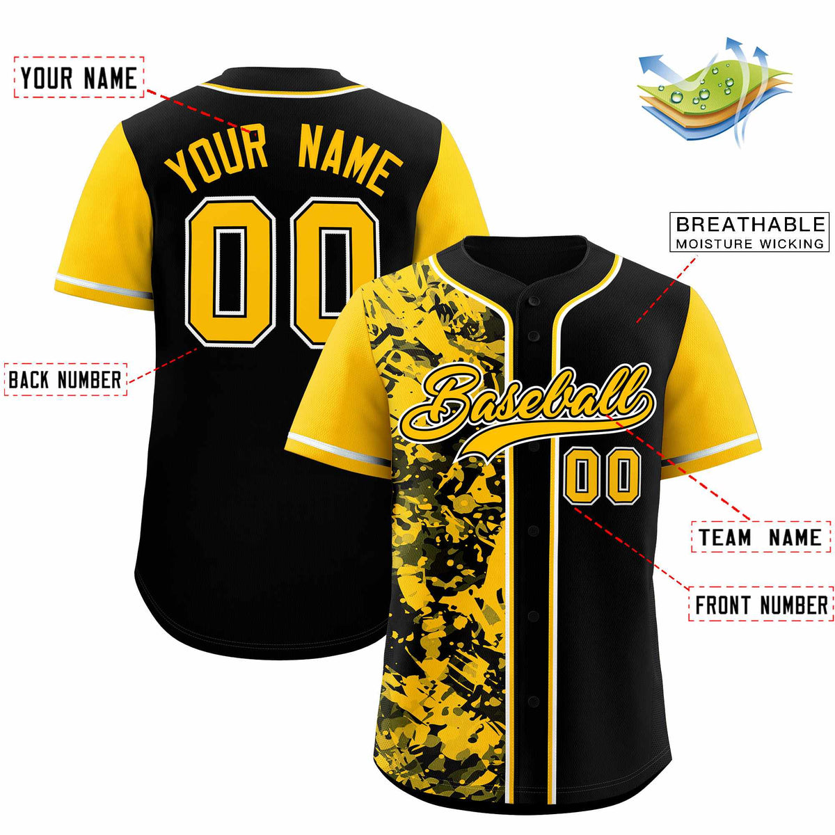 Custom Black Yellow Split Personalized Graffiti Raglan Sleeve Authentic Baseball Jersey