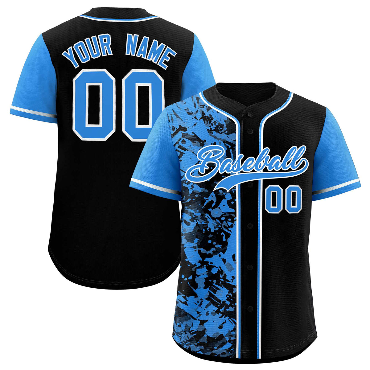 Custom Black Blue Split Personalized Graffiti Raglan Sleeve Authentic Baseball Jersey