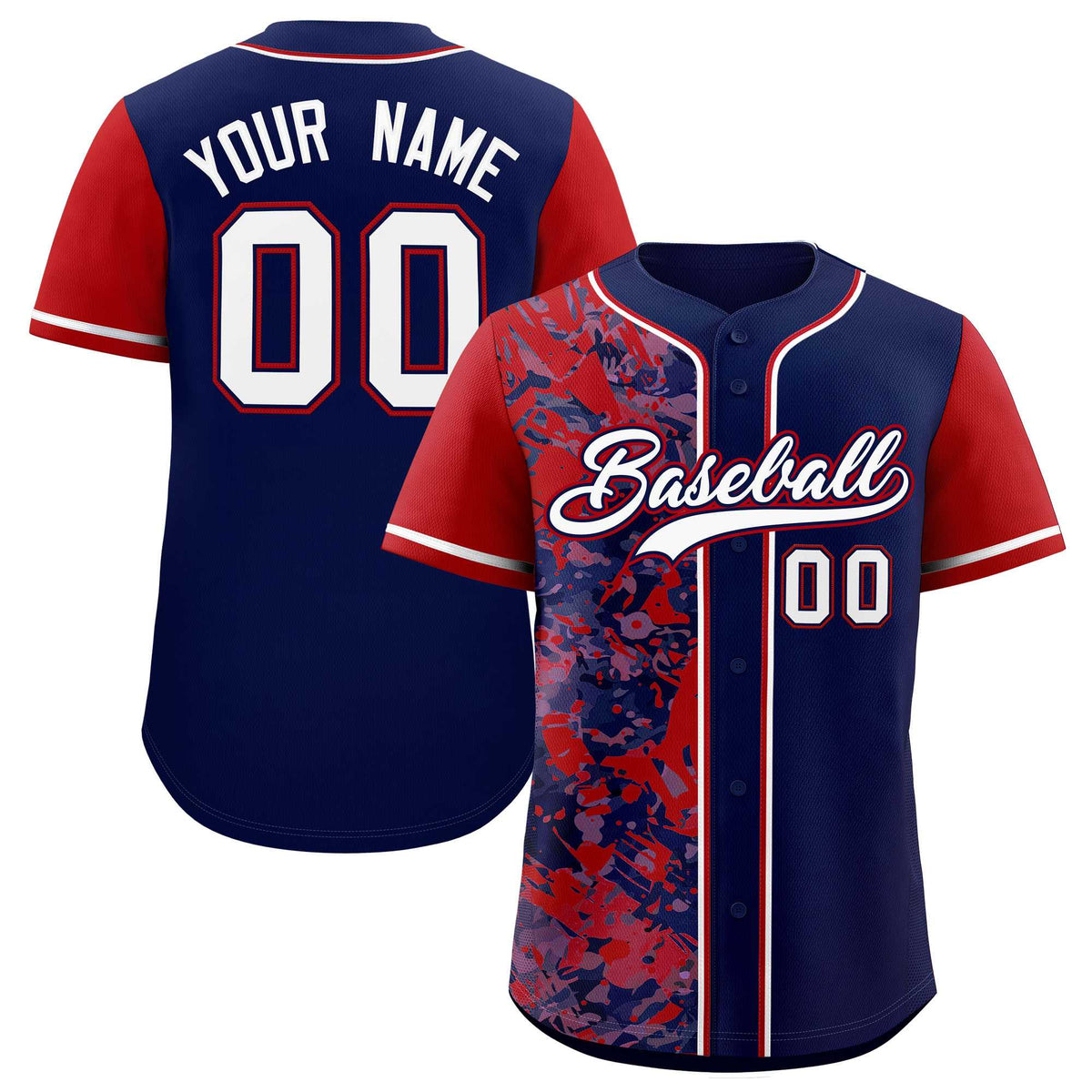 Custom Navy Red Split Personalized Graffiti Raglan Sleeve Authentic Baseball Jersey