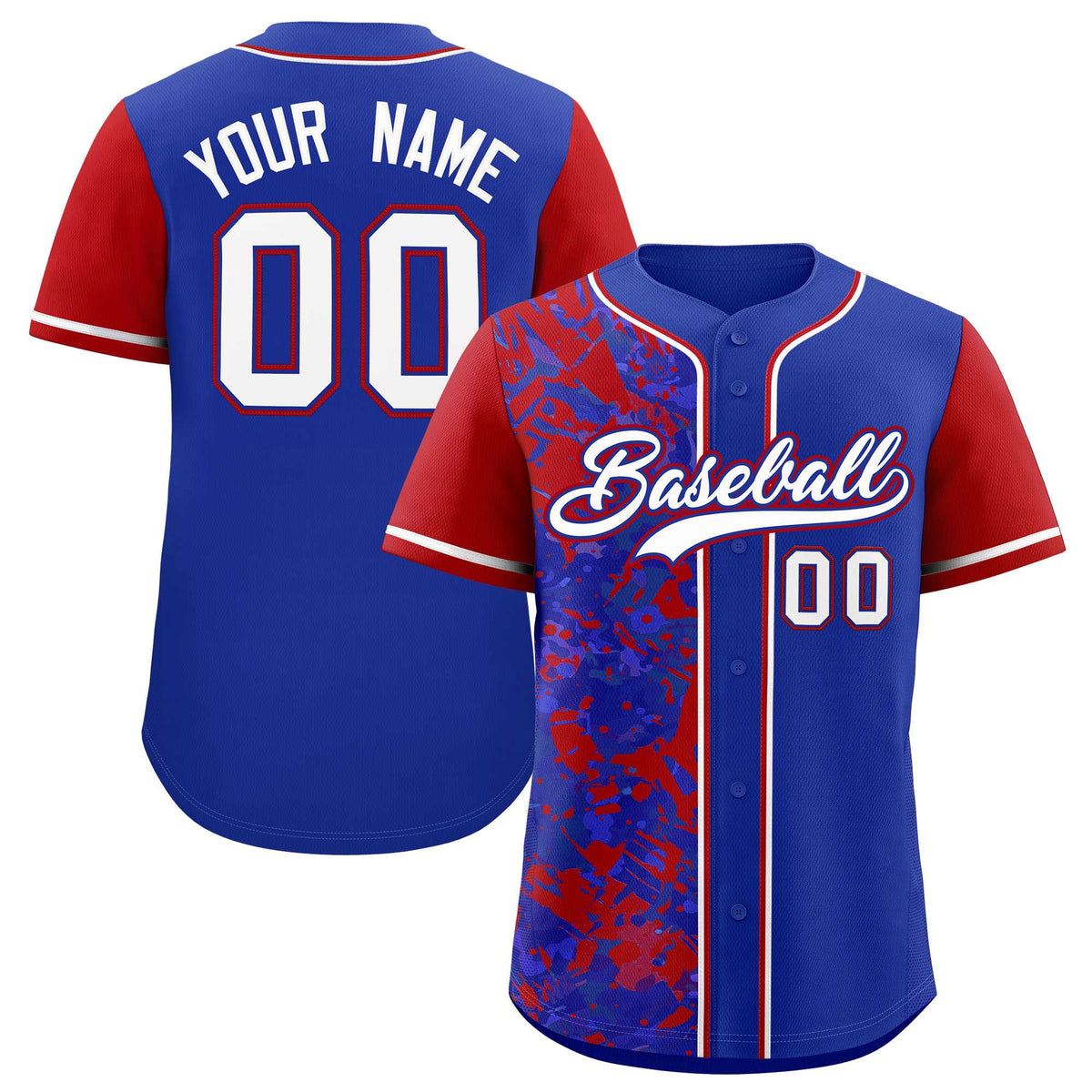 Custom Royal Red Split Personalized Graffiti Raglan Sleeve Authentic Baseball Jersey