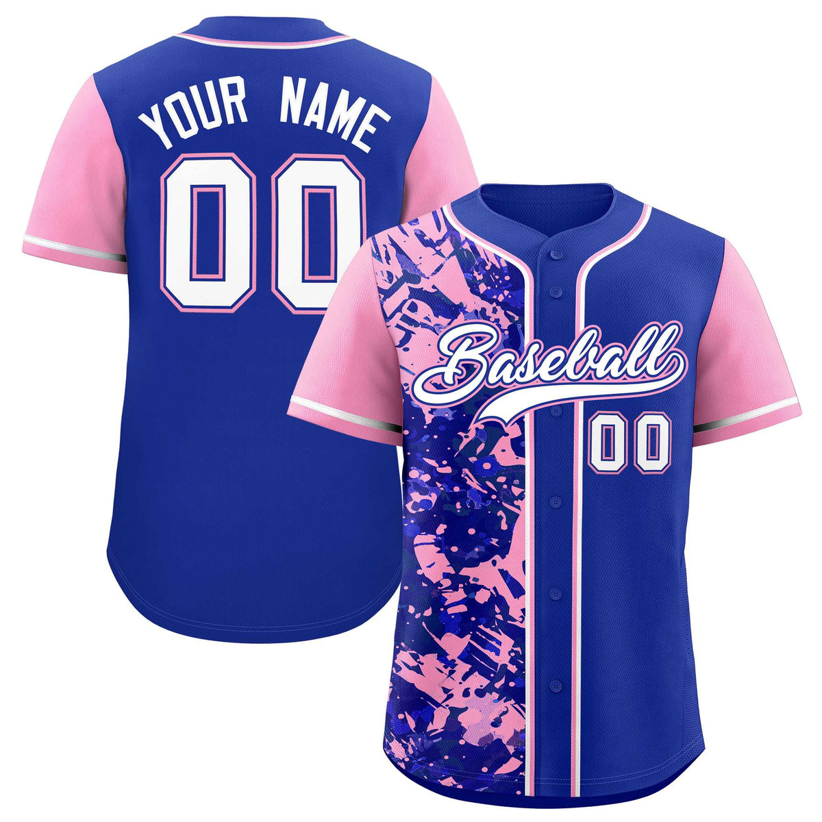 Custom Royal Light Pink Split Personalized Graffiti Raglan Sleeve Authentic Baseball Jersey