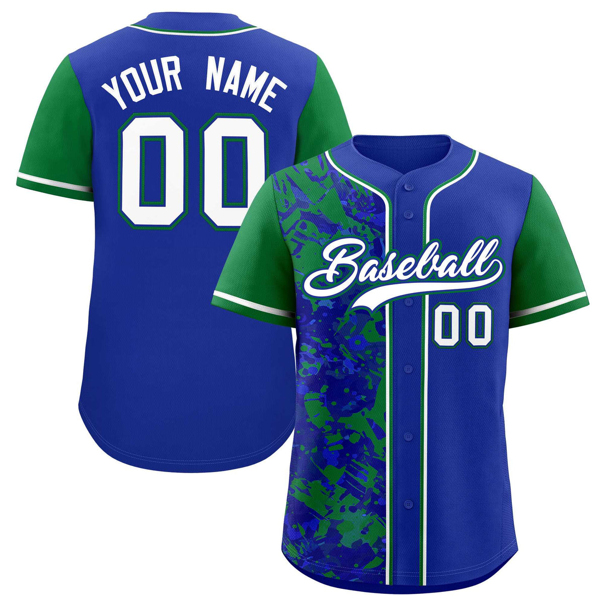 Custom Royal Green Split Personalized Graffiti Raglan Sleeve Authentic Baseball Jersey