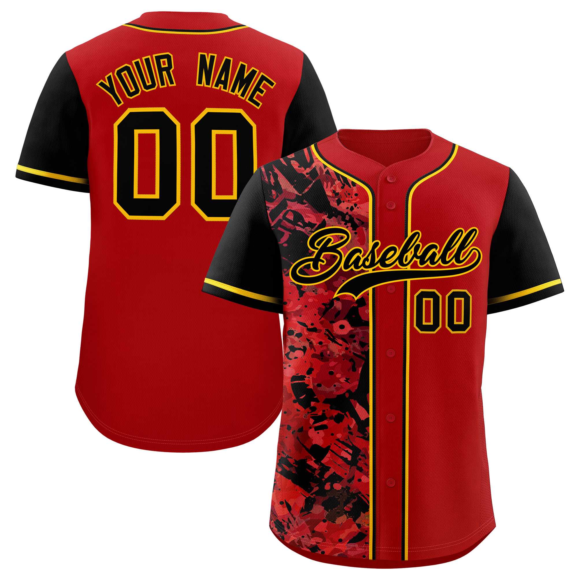 Custom Red Black Split Personalized Graffiti Raglan Sleeve Authentic Baseball Jersey